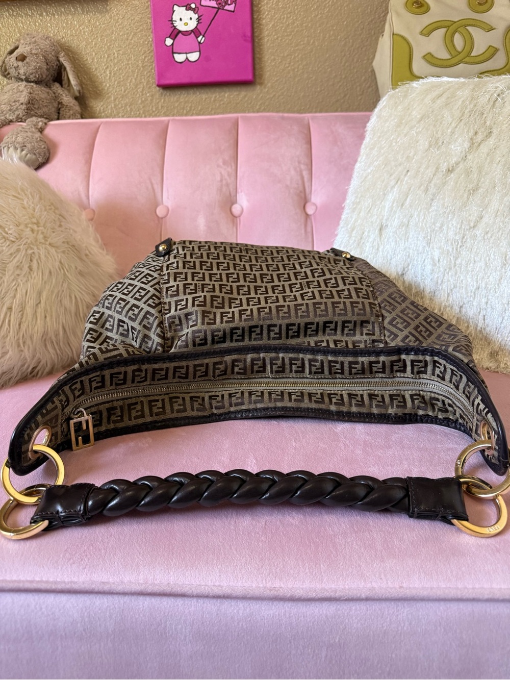 π―Auth! Vintage FENDI ZUCCHINO Shoulder Hobo Bag Canvas w Braided Leather Handle - Picture 4 of 16